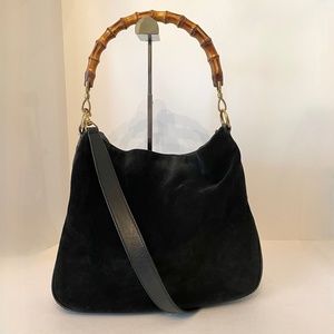 Gucci Suede Leather Bamboo Handle bag w/Strap Black Vintage